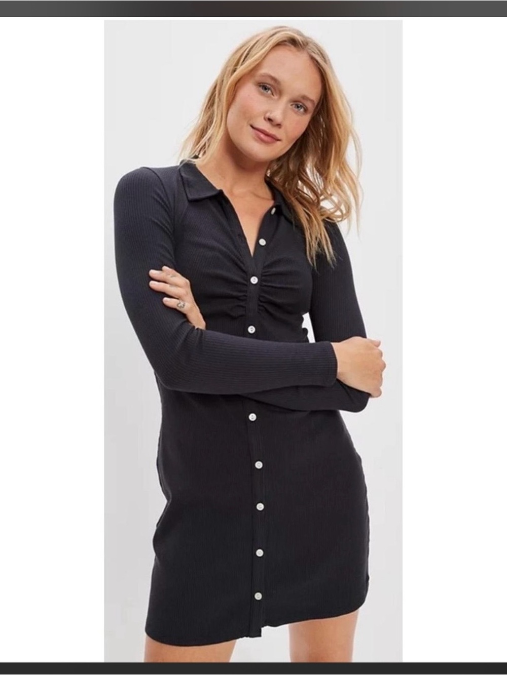 American Eagle Ribbed Button-Front Long Sleeve Dress